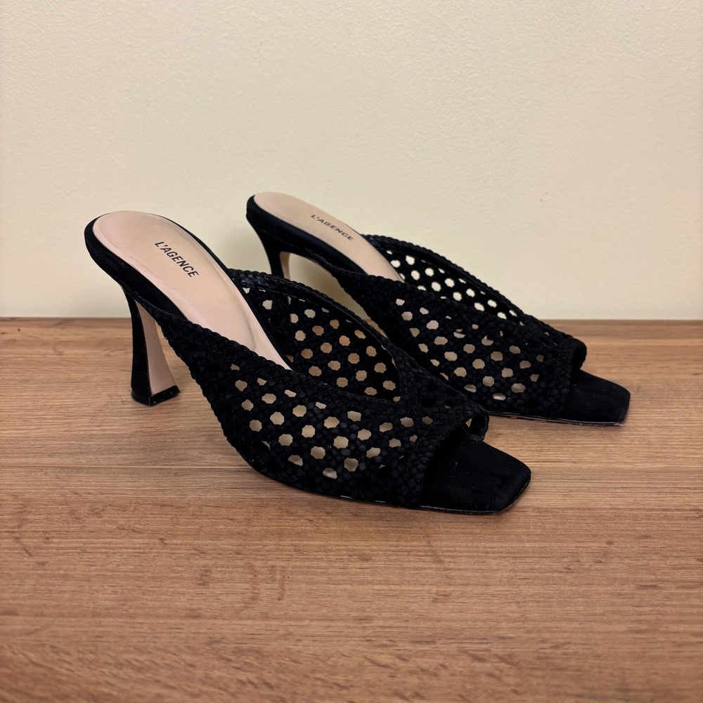 L'AGENCE Jacques Sandal Heels Black Women Size 10 Woven Knit Mule Casual Formal